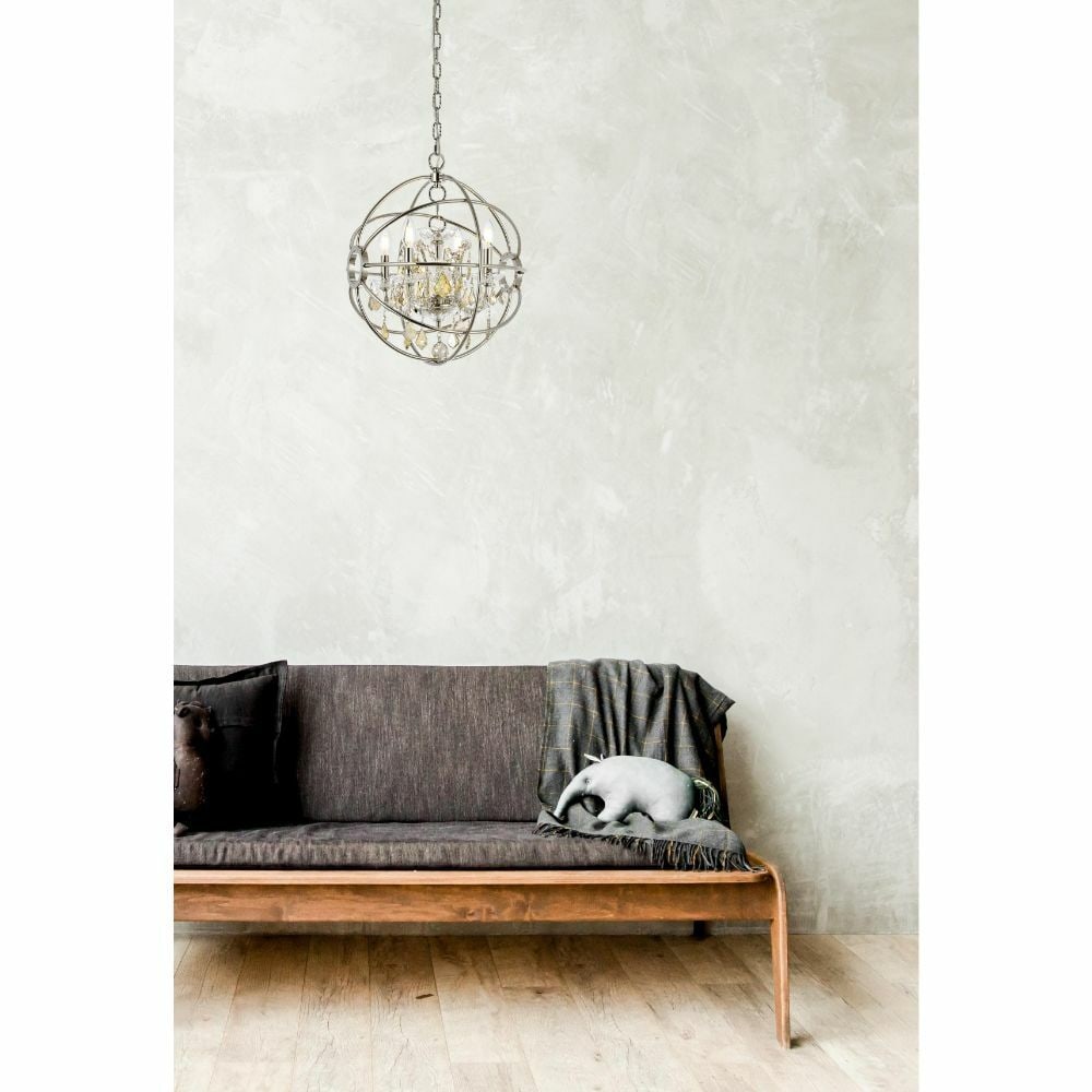 Geneva 4-Light Polished Nickel Crystal Pendant 17 Inch: Geneva 4-Light Polished Nickel Crystal Pendant 17 Inch This modern chandelier features a polished nickel metal frame with golden teak color crystals, creating a contemporary orb globe design. It is eq