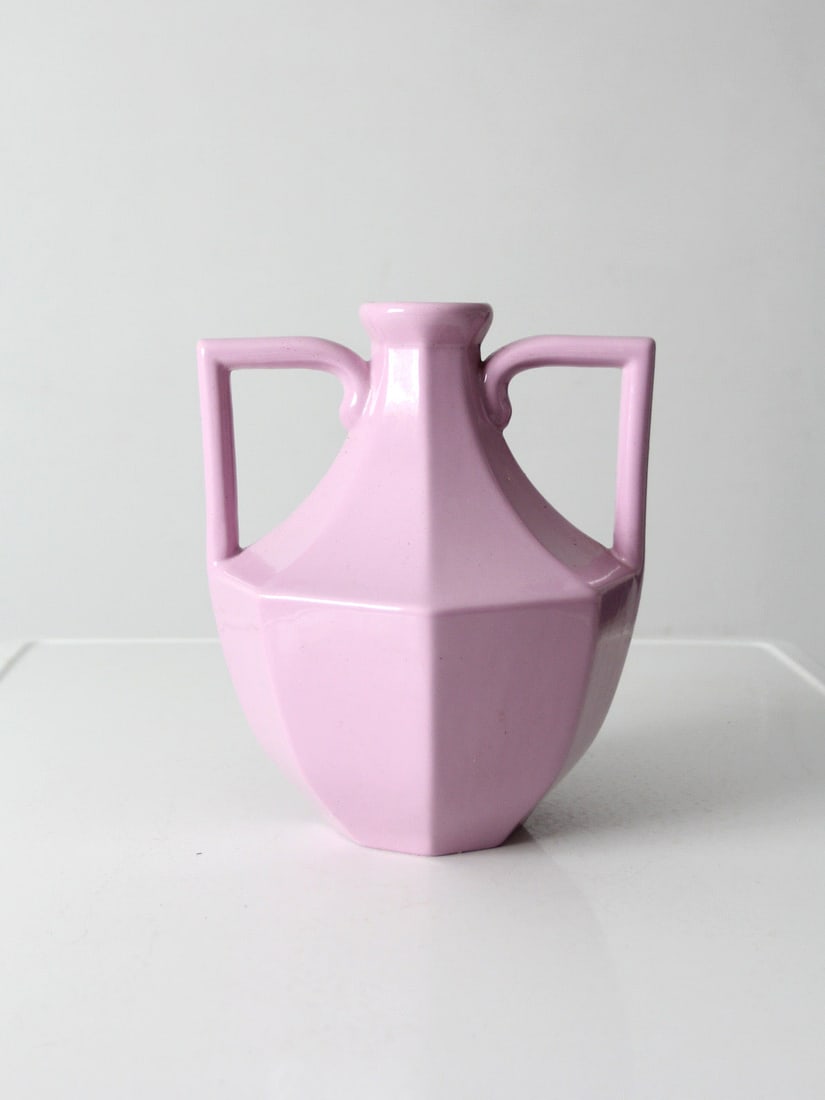 Lavender Ceramic Vase with Squared Dual Handles 10.5 inch: Lavender Ceramic Vase with Squared Dual Handles 10.5 inch Vintage 1980s ceramic vase featuring a glossy lavender glaze and a sculptural postmodern form. The faceted body, flared neck, and squared doub