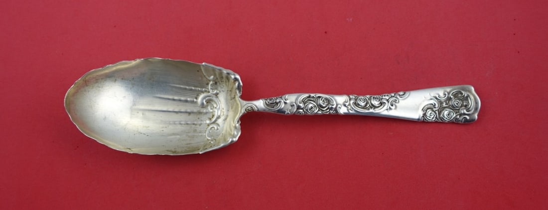 Whiting Rose and Scroll Sterling Silver Pudding Spoon 9": Whiting Rose and Scroll Sterling Silver Pudding Spoon 9" This exquisite pudding spoon features the elegant Rose and Scroll pattern by Whiting, crafted from high-quality sterling silver. Measuring 9