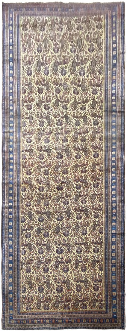 7'2" x 20'1" Antique Turkish Hand Knotted Wool Runner Yellow Geometric: 7'2" x 20'1" Antique Turkish Hand Knotted Wool Runner Yellow Geometric Antique Turkish Oushak runner rug, circa 1880, featuring an intricate geometric allover design and traditional styling. The warm 