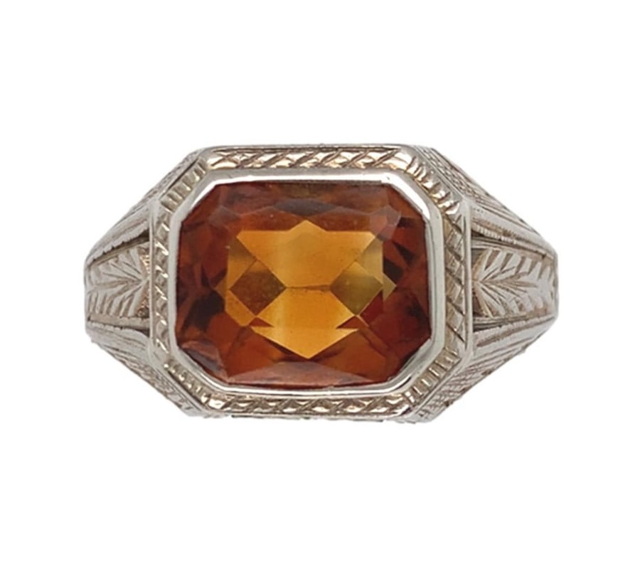 14k White Gold Citrine Ring Hand Engraved Size 8 (1 of 10)