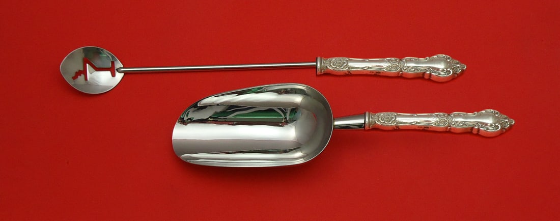 Wallace Meadow Rose Sterling Silver Bar Set 2pc Martini Spoon Ice Scoop: Wallace Meadow Rose Sterling Silver Bar Set 2pc Martini Spoon Ice Scoop This elegant Meadow Rose bar set by Wallace is crafted from high-quality sterling silver, featuring a custom-made hollow handle 