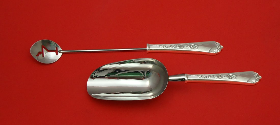 Wallace Sterling Rose Custom 2pc Bar Set Martini Spoon Ice Scoop: Wallace Sterling Rose Custom 2pc Bar Set Martini Spoon Ice Scoop This exquisite Sterling Rose by Wallace hostess set features a beautifully crafted two-piece bar set made from sterling silver. It incl