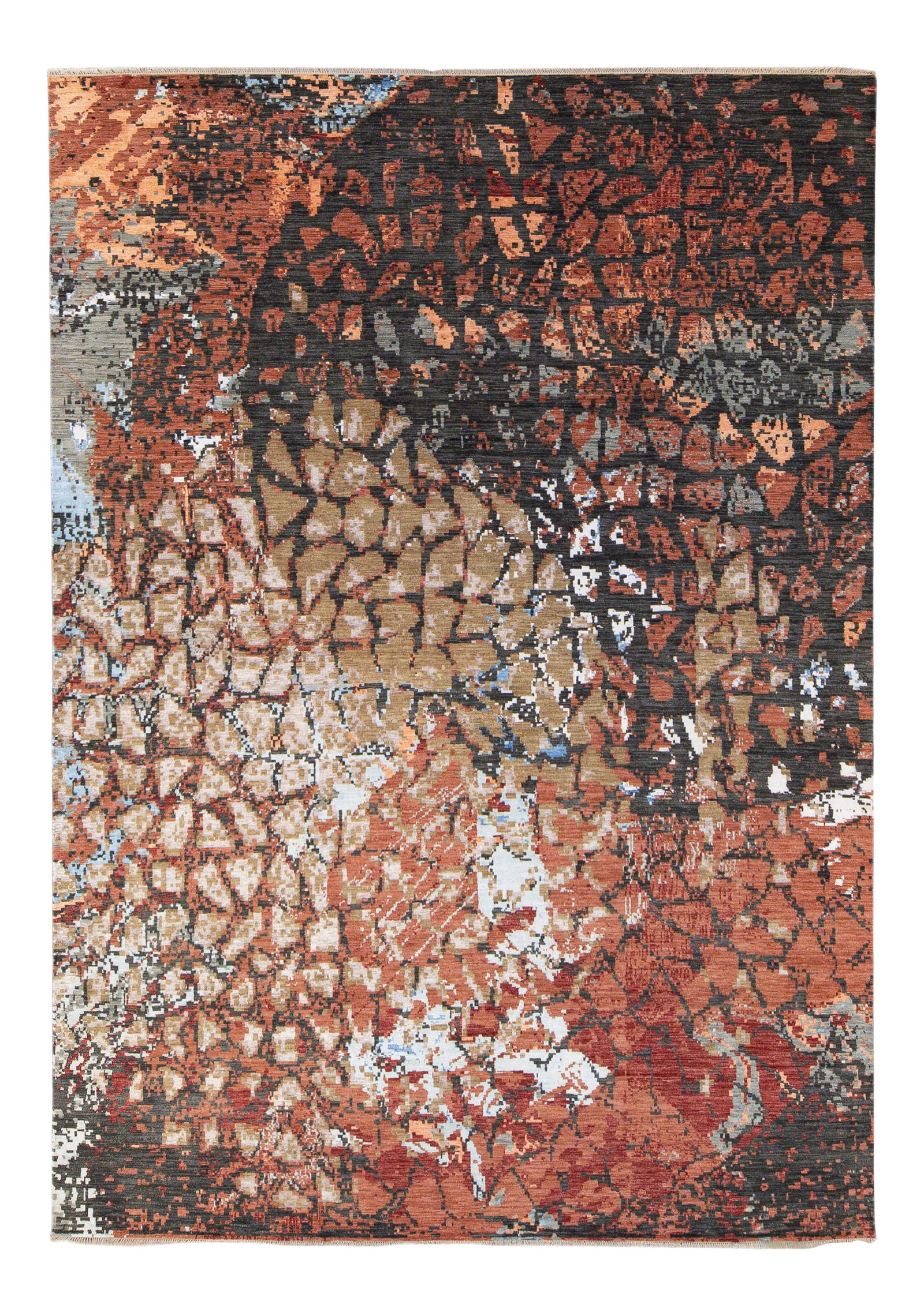 Vibrant Handmade Wool Silk Geometric Rug 10' x 14'2': Vibrant Handmade Wool Silk Geometric Rug 10' x 14'2' Enhance your living space with this stunning modern hand-knotted rug, expertly crafted from a blend of wool and silk. Featuring a captivating geome