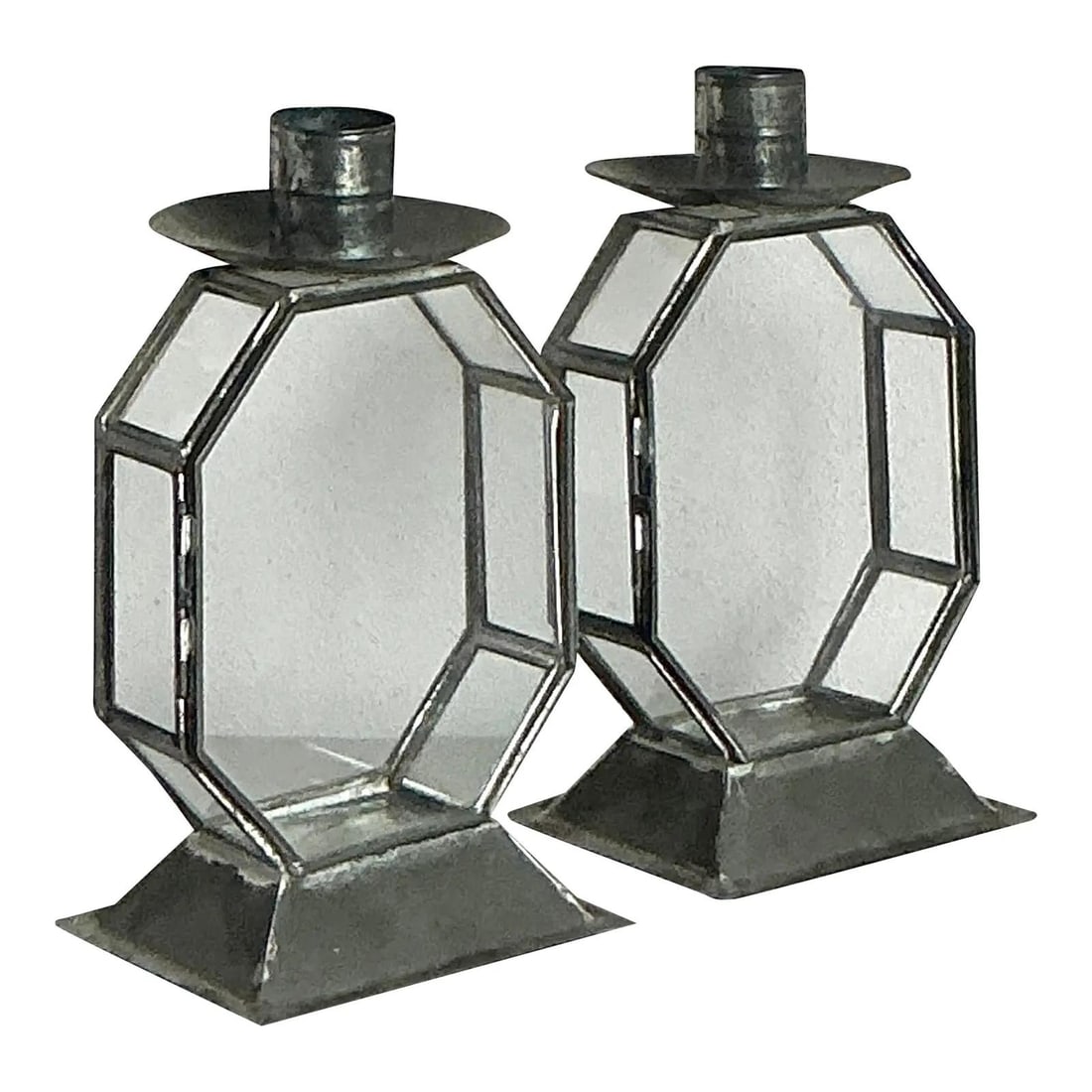 Pair of Octagonal Glass Case Candle Holders with Boho Midcentury Style: Pair of Octagonal Glass Case Candle Holders with Boho Midcentury Style This pair of vintage candlesticks features an octagon glass case design with a distinctive Boho style from the mid-20th century. 