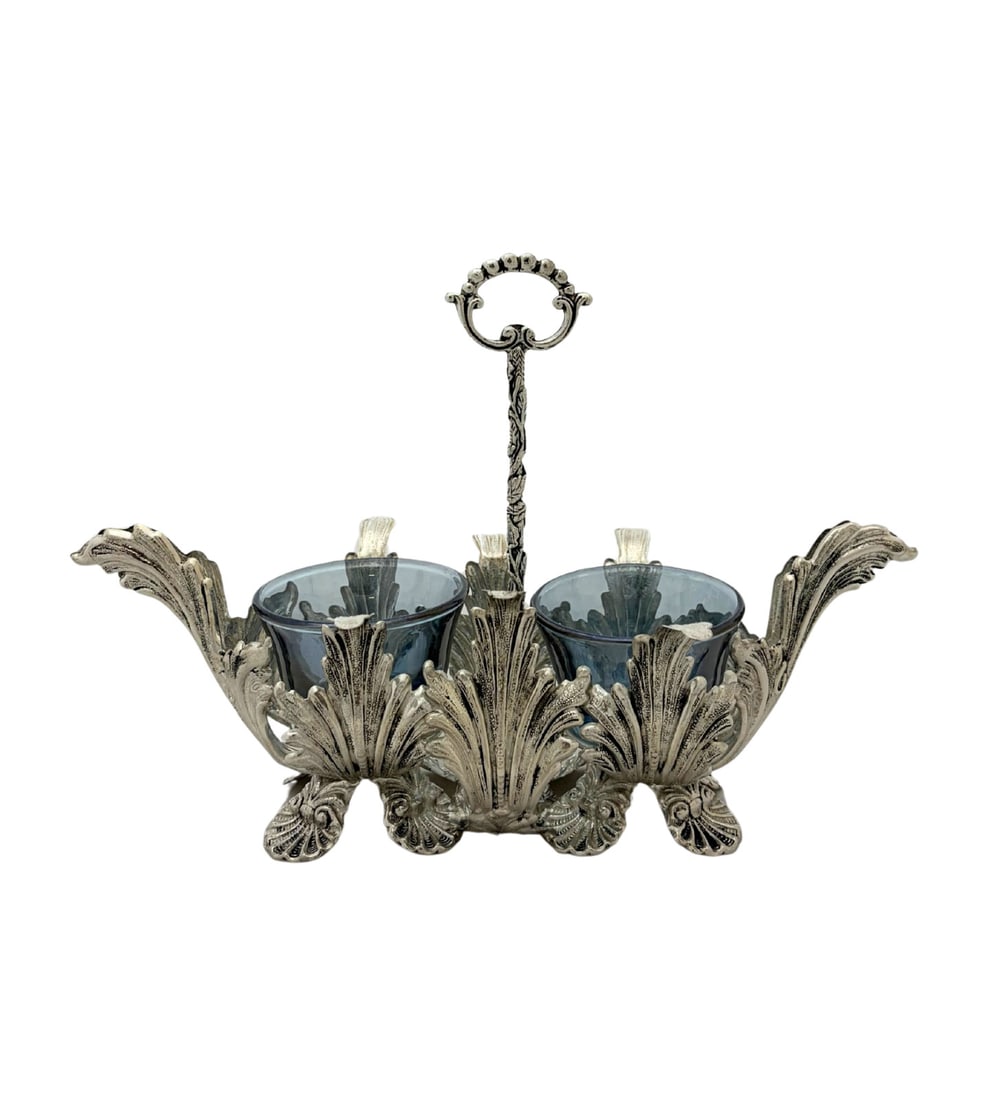 Italian 925 Sterling Silver Double Salt Holder with Blue Glass Leaf Applique (1 of 3)