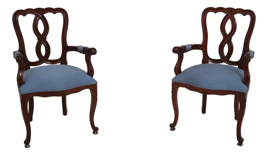 French Style Mahogany Armchair Pair with Ribbon Backs
