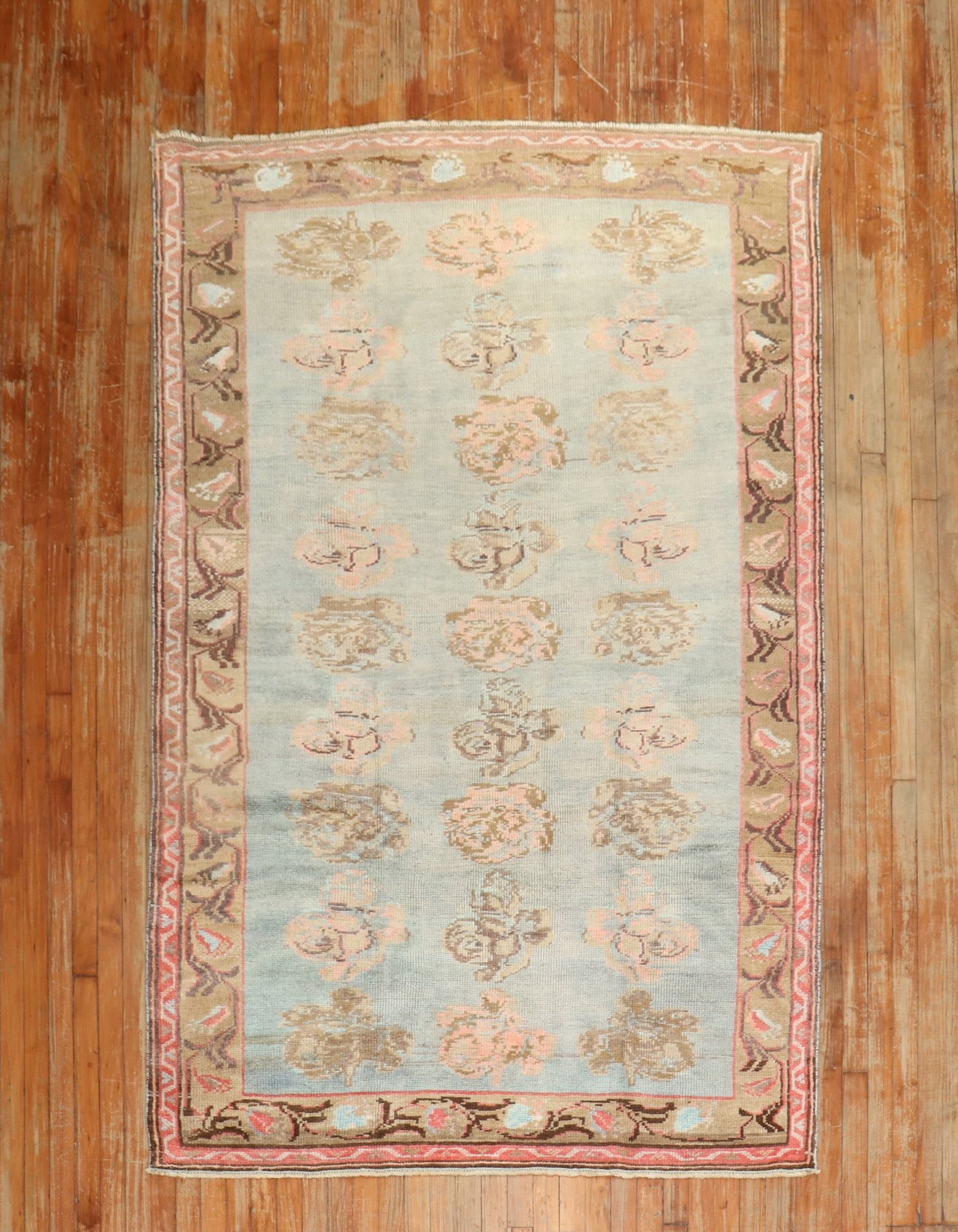 5' 1" x 8' 2" Floral Konya Rug Turkish Turquoise Ground: 5' 1" x 8' 2" Floral Konya Rug Turkish Turquoise Ground Mid 20th century Turkish Konya rug featuring a floral design on a turquoise ground. This pre-owned rug is identified as an intermediate category