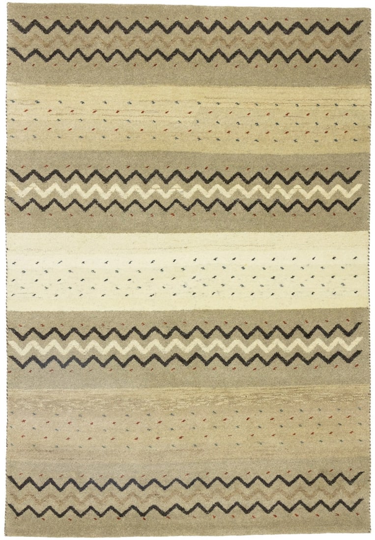 Hand-Knotted Wool Striped Multicolor Tribal Rug 5'4 x 7'11 Modern Design: Hand-Knotted Wool Striped Multicolor Tribal Rug 5'4 x 7'11 Modern Design This is a pre-owned, hand-knotted Indo-Gabbeh area rug featuring a modern multicolored striped pattern. Crafted from wool and m