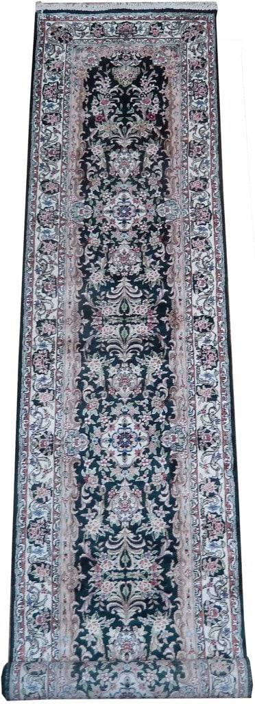 Elegant 2' x 12' Green Artificial Silk Savonnerie Runner Rug: Elegant 2' x 12' Green Artificial Silk Savonnerie Runner Rug Free continental US Shipping Enhance your space with this elegant 2' x 12' Green Artificial Silk Savonnerie Runner Rug. Crafted to mimic th