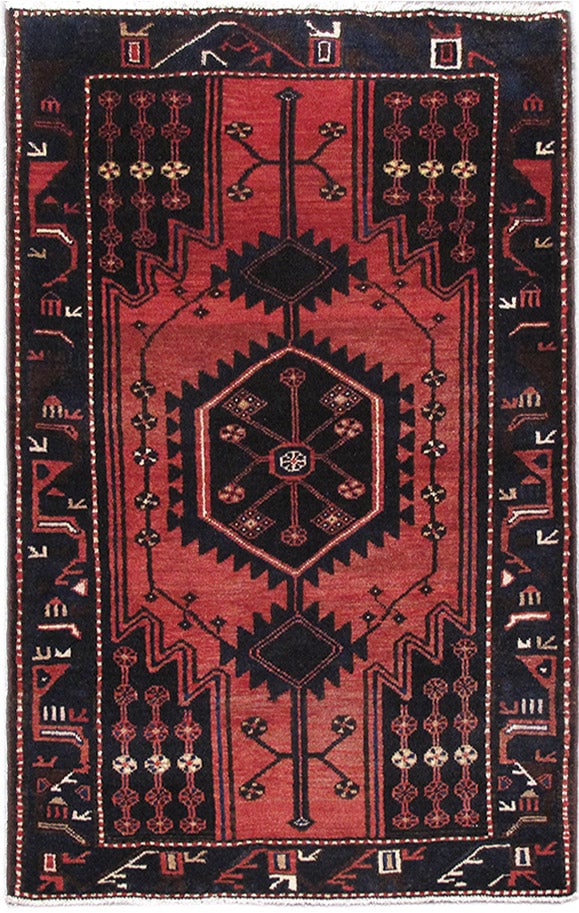 3.5 x 5 Persian Hamadan Tribal Area Rug Dark Pinkish Red Wool: 3.5 x 5 Persian Hamadan Tribal Area Rug Dark Pinkish Red Wool Free continental US Shipping This Persian Tribal Hamadan area rug features a hand-knotted wool construction with bold geometric patterns a