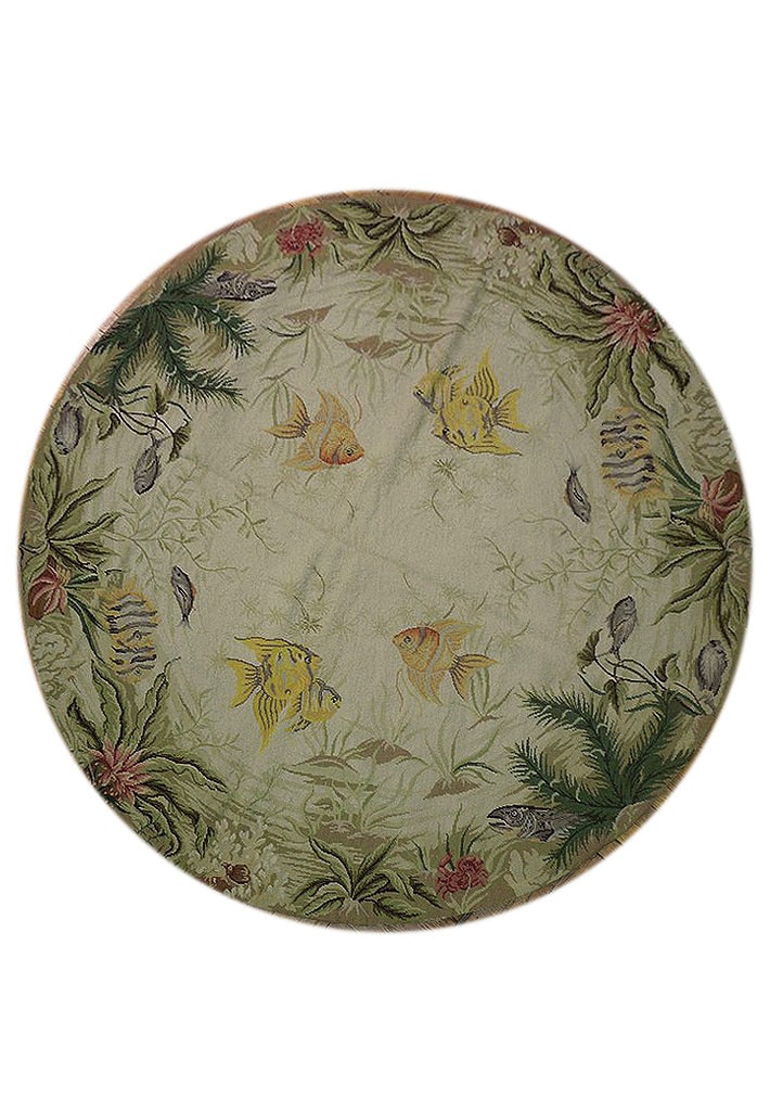 6' x 6' Beige Handcrafted Needlepoint Round Area Rug