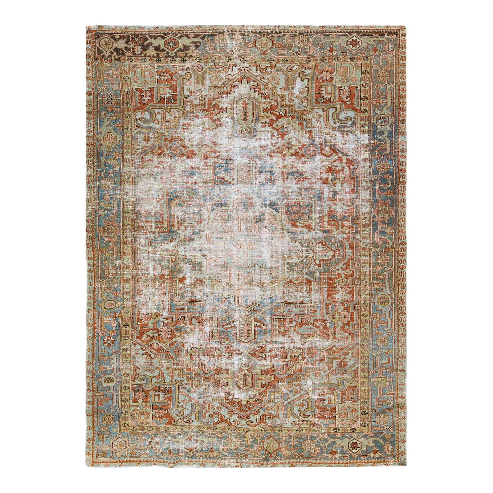Antique Handmade Heriz Wool Rug 7'7 x 10'7 Red Blue Frame: Antique Handmade Heriz Wool Rug 7'7 x 10'7 Red Blue Frame This stunning antique Heriz rug showcases exquisite craftsmanship with its hand-knotted wool construction and a distinctive rusted field. The 