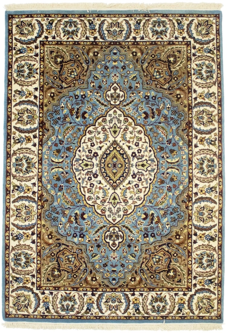 Handmade Blue Floral Wool Indo-Kirman Area Rug 4'1 x 5'10: Handmade Blue Floral Wool Indo-Kirman Area Rug 4'1 x 5'10 Enhance your home decor with this exquisite 4'1 x 5'10 fine handmade Indo-Kirman area rug. Crafted from high-quality wool, this rug features a