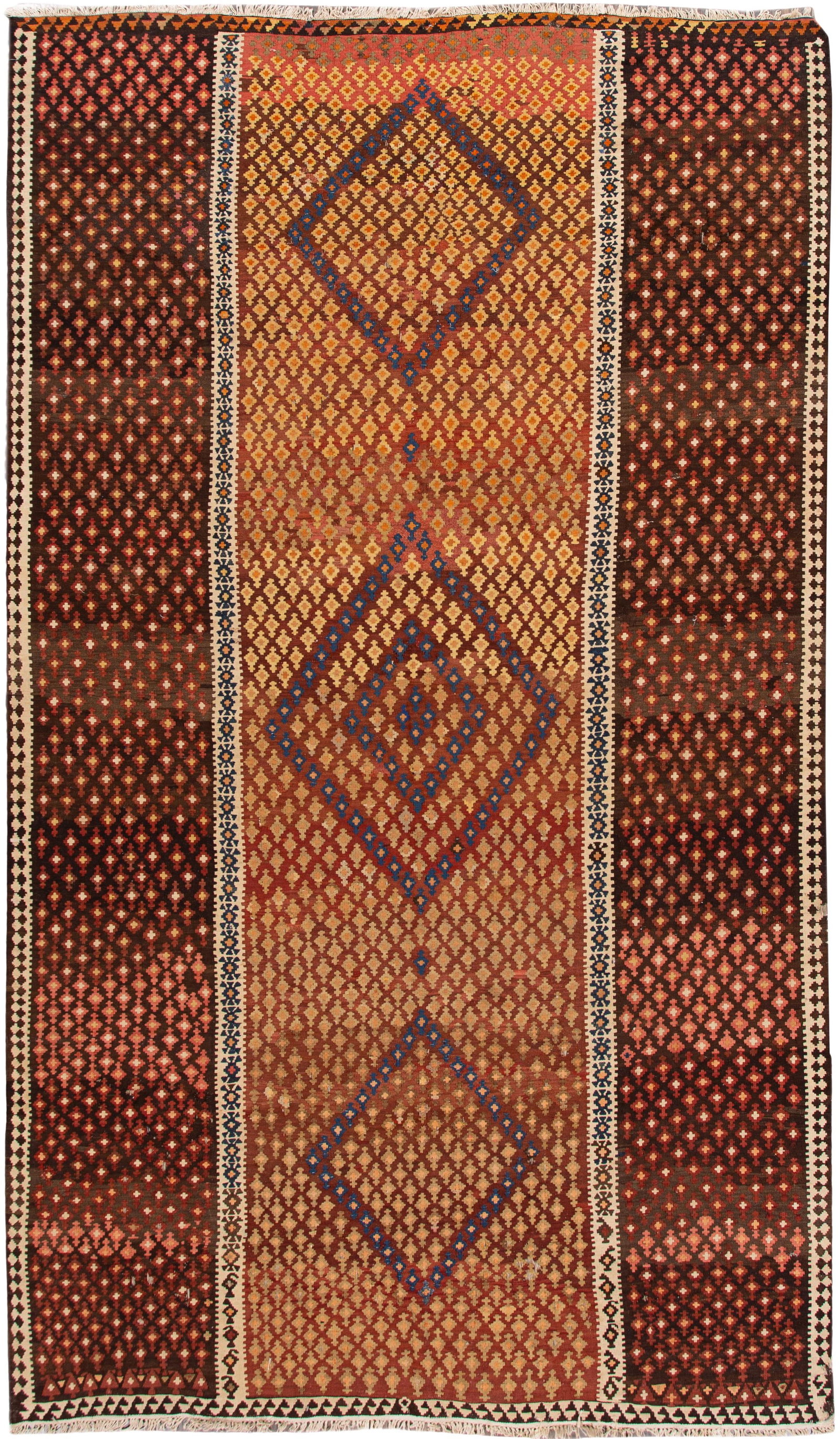 Mid-Century Persian Kilim Wool Rug 9'6 x 15'6 Abstract Design: Mid-Century Persian Kilim Wool Rug 9'6 x 15'6 Abstract Design This stunning mid-20th century vintage Persian Kilim rug features a hand-knotted wool construction with a beautiful tan field adorned with