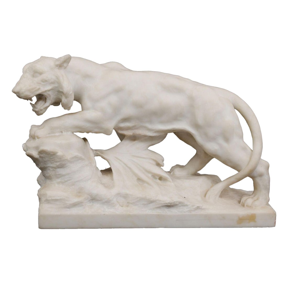 Hand-Carved Marble Lion on the Hunt by Joseph Frugoni Italy c1900s: Hand-Carved Marble Lion on the Hunt by Joseph Frugoni Italy c1900s This Italian marble sculpture, created by Joseph Frugoni circa 1900s, depicts a lion stalking its prey. Expertly hand-carved from mar