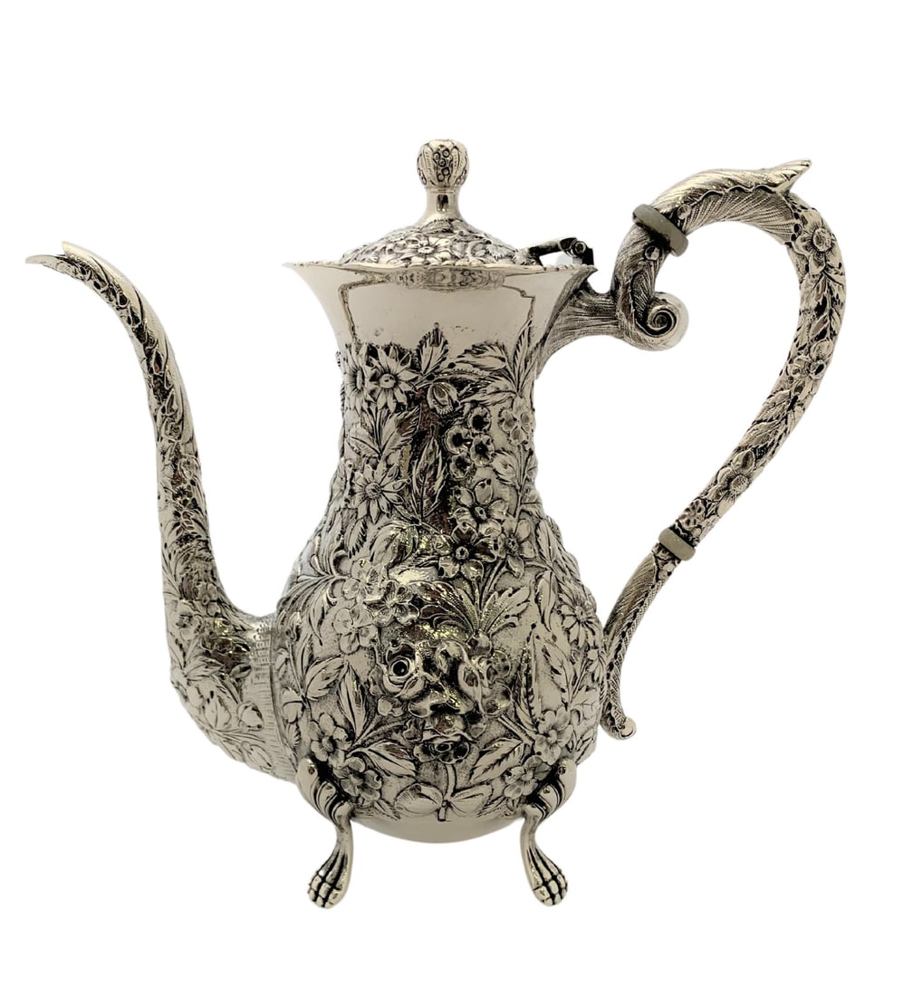 Antique 925 Sterling Silver Floral Chased Coffee Tea Pot Oil Pitcher (1 of 4)
