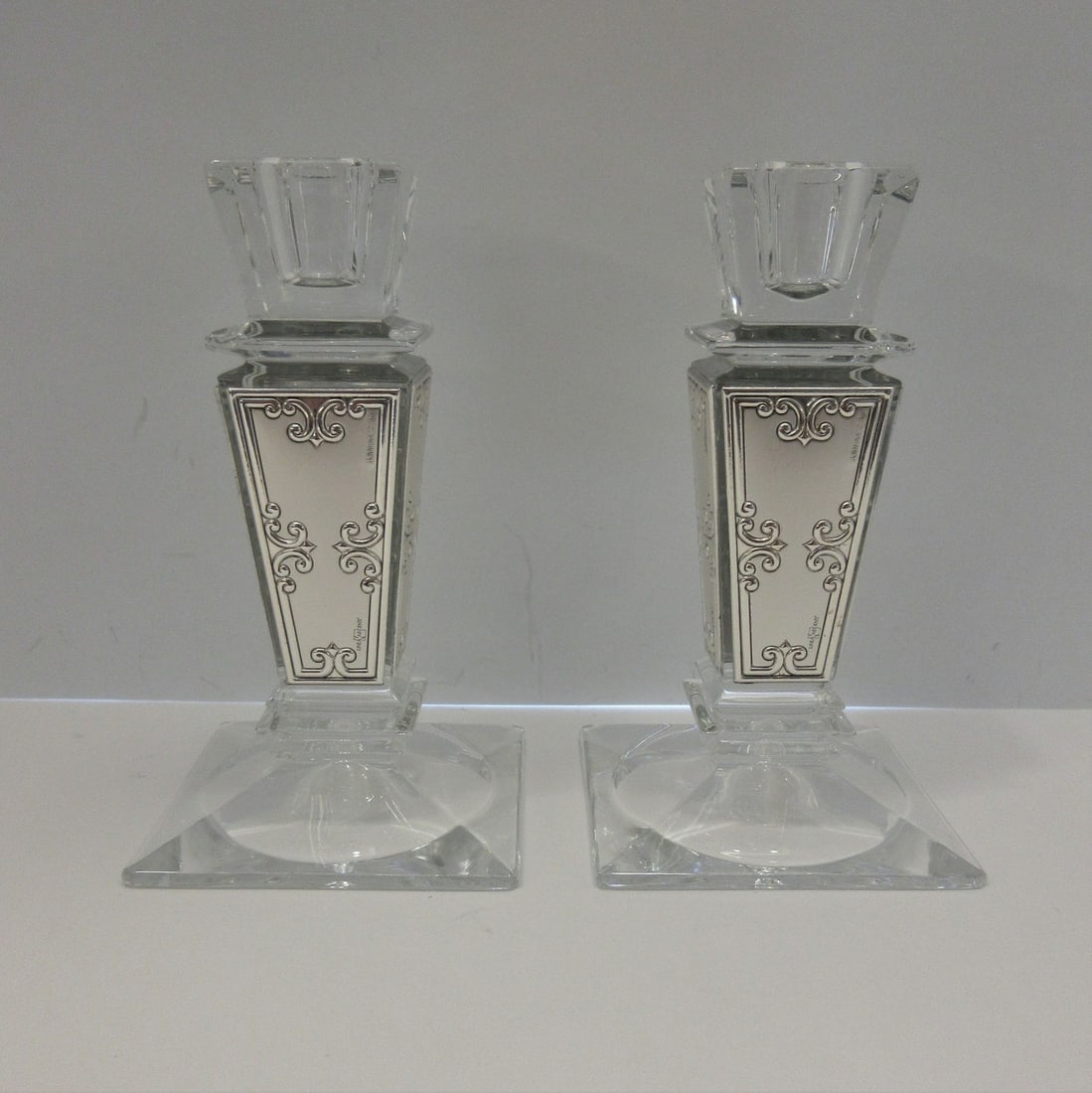 Italian Silver Plate Crystal Square Candlesticks Floral Design 5.5in (1 of 3)