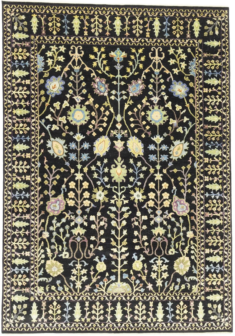 Hand-Knotted Wool Area Rug Floral Tree of Life Pattern 7'10 x 11'2: Hand-Knotted Wool Area Rug Floral Tree of Life Pattern 7'10 x 11'2 This handmade Chobi Oriental rug features a vibrant Tree of Life-inspired floral pattern in shades of black, cream, blue, green, viol