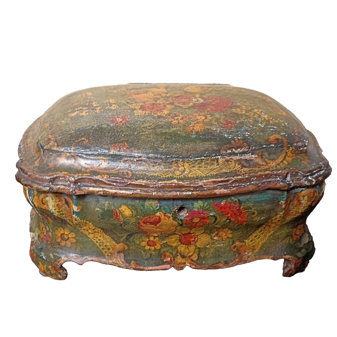 19th C Venetian hand carved pine jewelry box floral painted 9.5 x 5 x 6.5 (1 of 13)