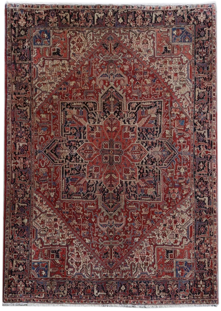Handcrafted Salmon Red Persian Heriz Rug 8' x 12': Handcrafted Salmon Red Persian Heriz Rug 8' x 12' Free continental US Shipping This stunning Salmon Red Persian Heriz Rug, measuring 8' x 12', is handcrafted by skilled Persian artisans. Featuring tra