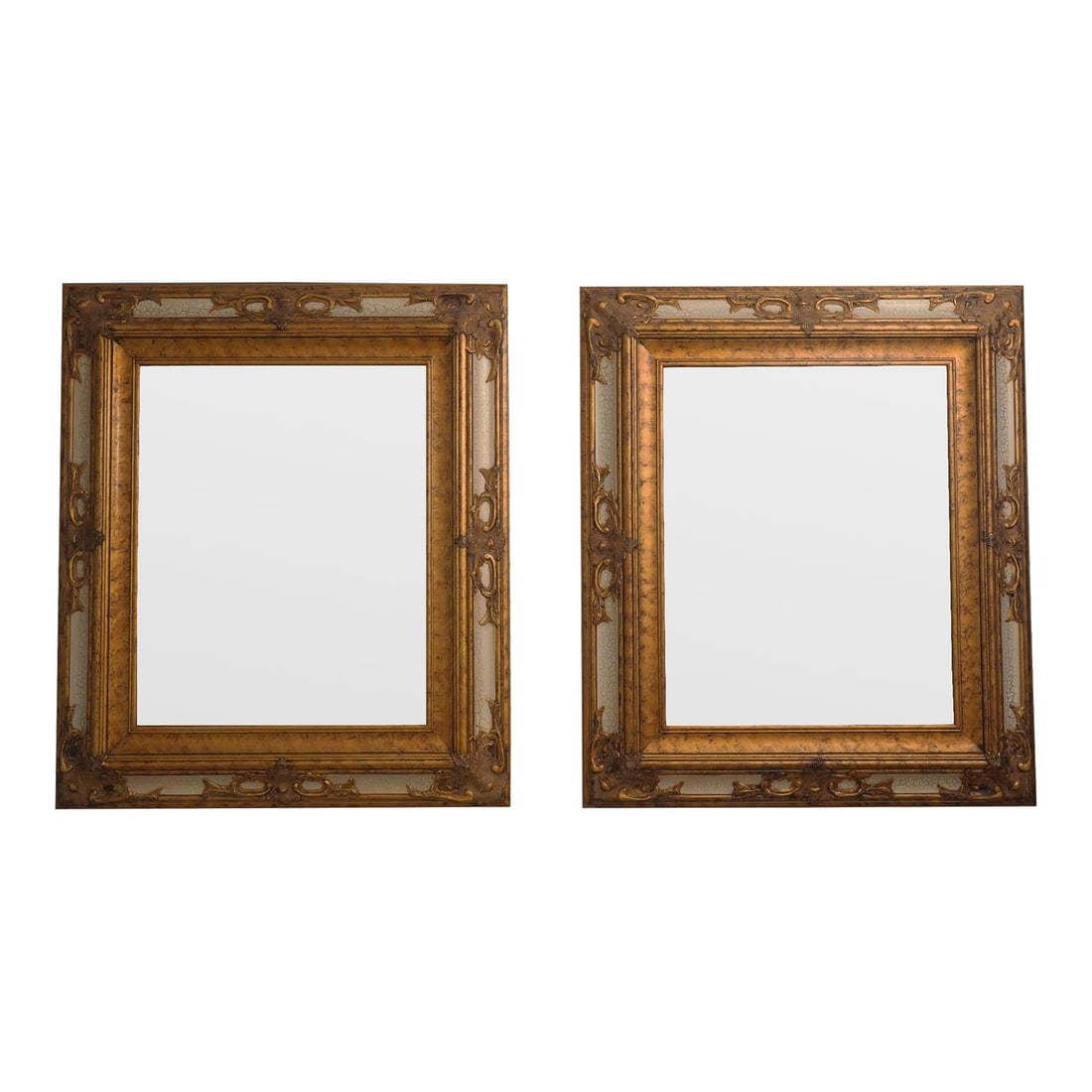 Vintage Pair of Gold Trim Beveled Glass Decorator Mirrors 37.5 x 43.5: Vintage Pair of Gold Trim Beveled Glass Decorator Mirrors 37.5 x 43.5 Enhance your space with this elegant pair of rectangular decorator mirrors featuring a sophisticated gold trim. These beautiful mi