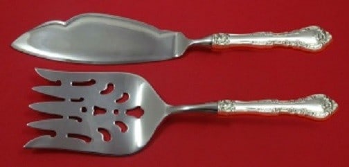 2pc Gorham Alencon Lace Sterling Silver Fish Server Fork Set: 2pc Gorham Alencon Lace Sterling Silver Fish Server Fork Set Two-piece fish serving set in the Alencon Lace pattern by Gorham. This post-1940 set features sterling silver hollow handles with stainless