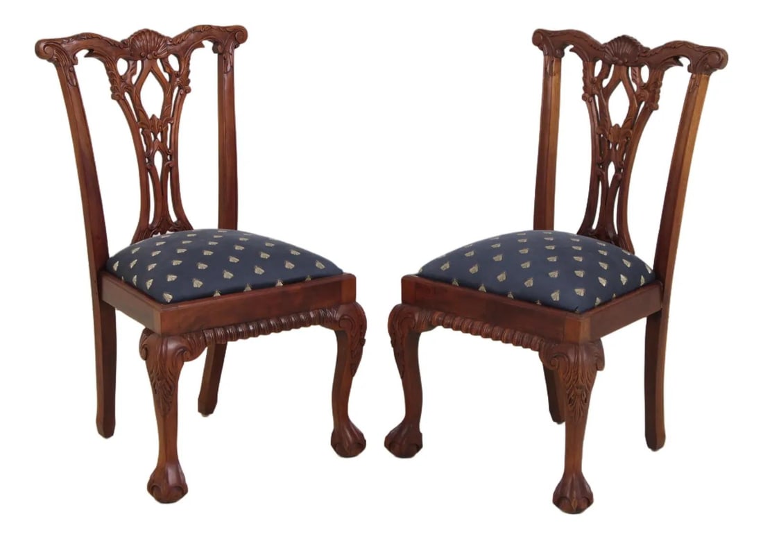 Pair Mahogany Dining Chairs in Chippendale Style with Ball and Claw Feet (1 of 10)