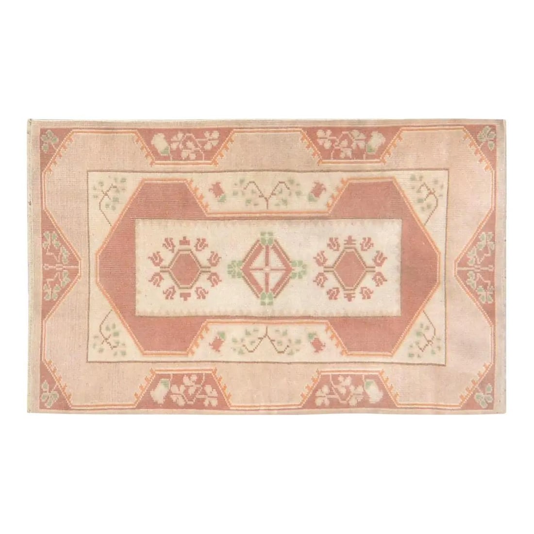 Peach Wool Hand-Knotted Anatolian Rug 2'6" x 4' Vintage Turkish: Peach Wool Hand-Knotted Anatolian Rug 2'6" x 4' Vintage Turkish This vintage Turkish Anatolian rug is hand-knotted from wool using traditional techniques, offering a blend of classic craftsmanship and
