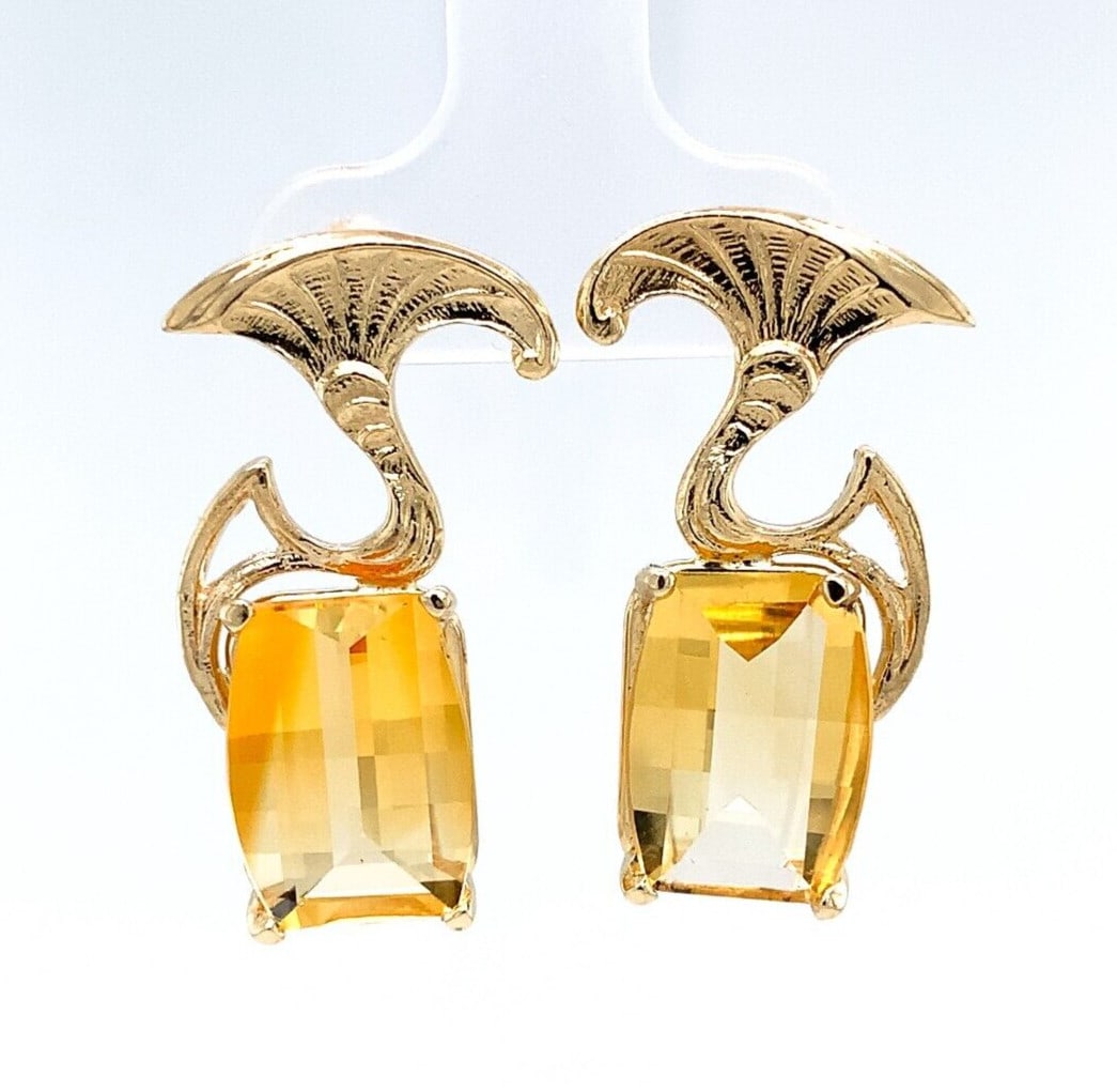 Art Nouveau 14k Yellow Gold 9.06ct Citrine Dangle Earrings GIA Certified: Art Nouveau 14k Yellow Gold 9.06ct Citrine Dangle Earrings GIA Certified Elevate your style with these stunning Nouveau Style 14k Yellow Gold Earrings, featuring genuine natural citrines. Each earring