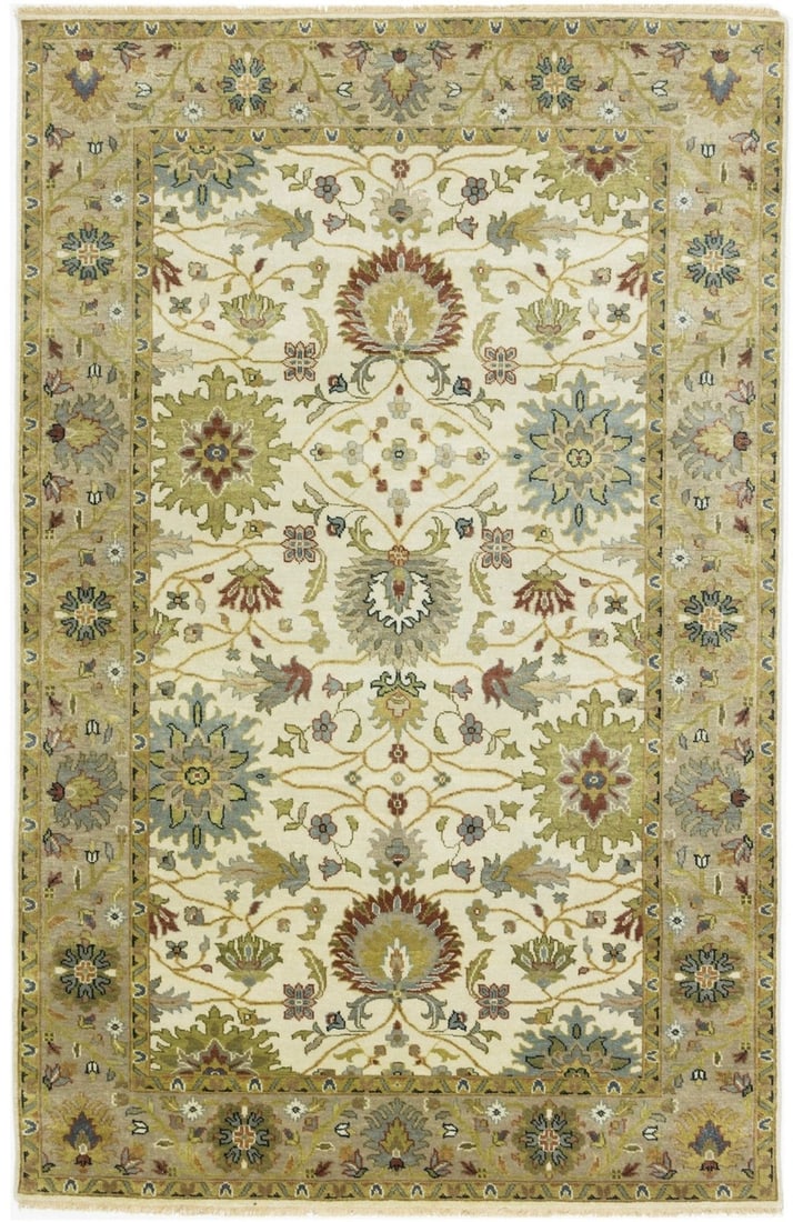 Hand-Knotted Wool Area Rug Floral Peshawar Oushak Design 5'10 x 9'1: Hand-Knotted Wool Area Rug Floral Peshawar Oushak Design 5'10 x 9'1 This handmade Peshawar Oushak Chobi area rug features a floral pattern in cream, tan, blue-gray, gold, olive, brown, and rusty red t