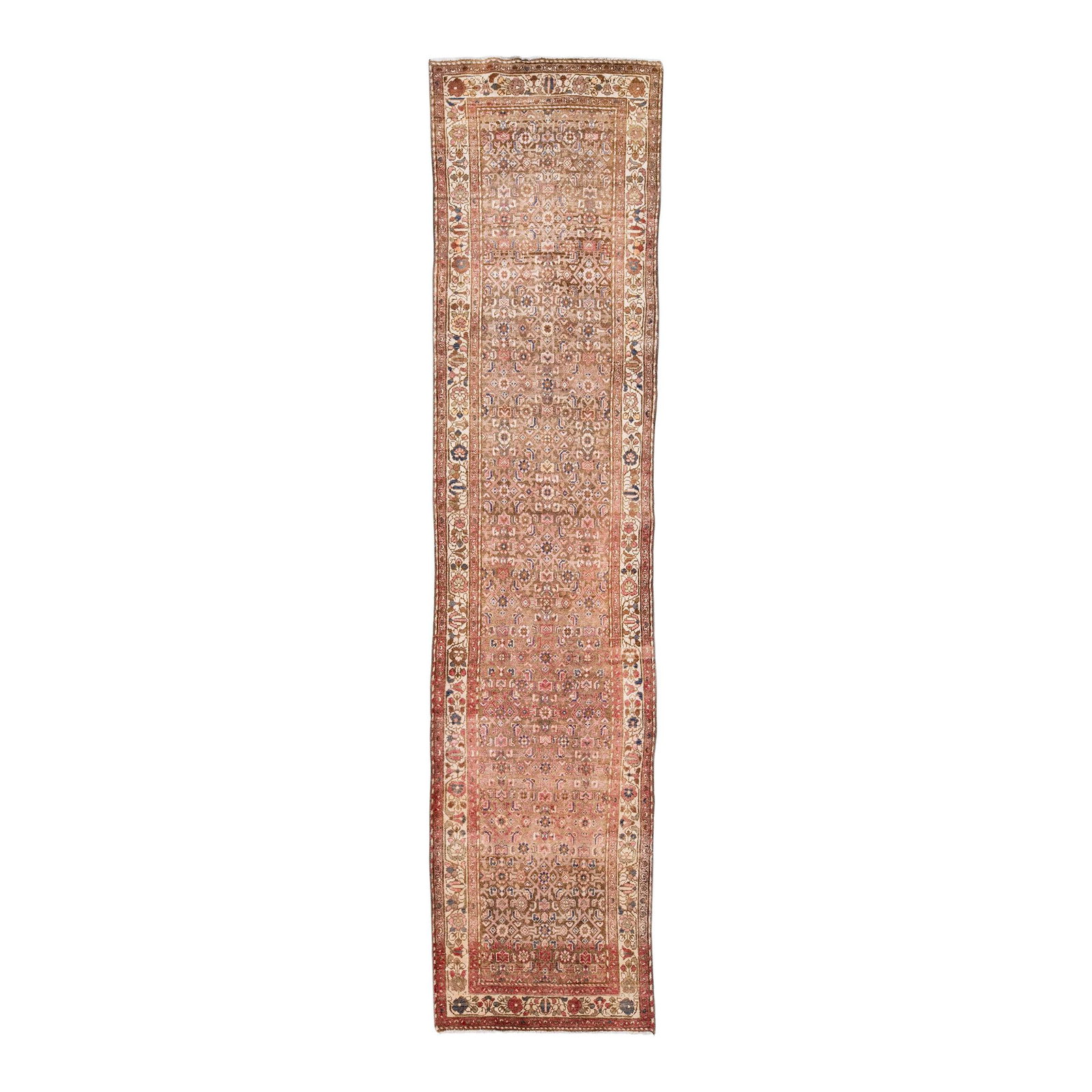 Vintage Persian Hamadan Handmade Wool Runner 3'5" x 14'3" Distressed Rust Color: Vintage Persian Hamadan Handmade Wool Runner 3'5" x 14'3" Distressed Rust Color This stunning vintage Persian Hamadan runner features a beautifully distressed hand-knotted wool construction, showcasin