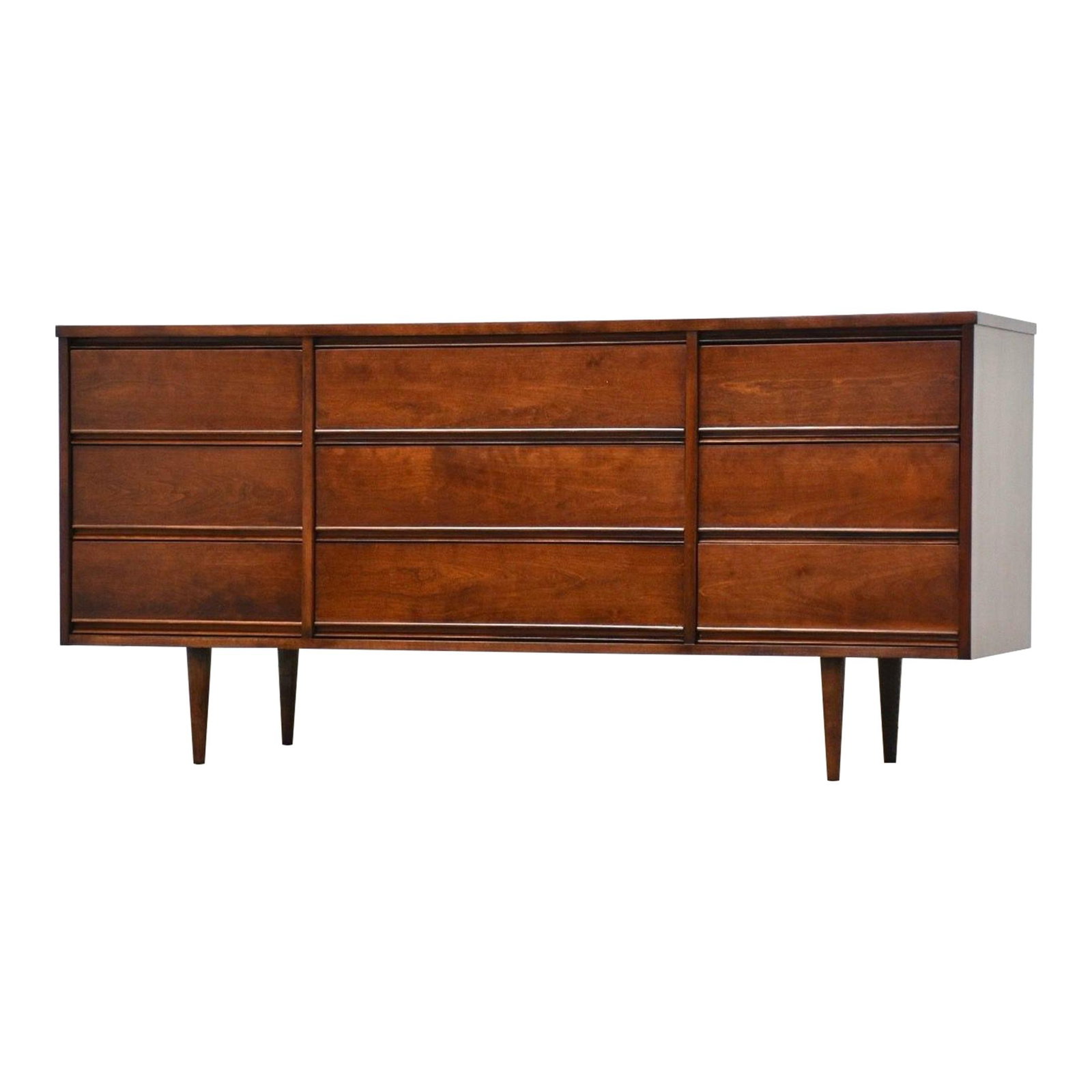 Mid Century Modern Cherry Dresser by Dixie 63.5" Wide: Mid Century Modern Cherry Dresser by Dixie 63.5" Wide This exquisite mid-century modern dresser showcases a refined cherry wood finish, expertly crafted by Dixie Furniture. Featuring nine spacious dra