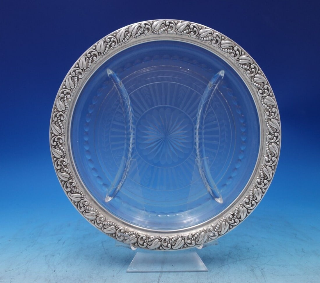Webster Floral Sterling Silver Cut Crystal Hors D'Oeuvre Plate 10 3/8 Inch: Webster Floral Sterling Silver Cut Crystal Hors D'Oeuvre Plate 10 3/8 Inch Enhance your dining experience with this exquisite Floral by Webster hors d'oeuvre plate, crafted from sterling silver and cu