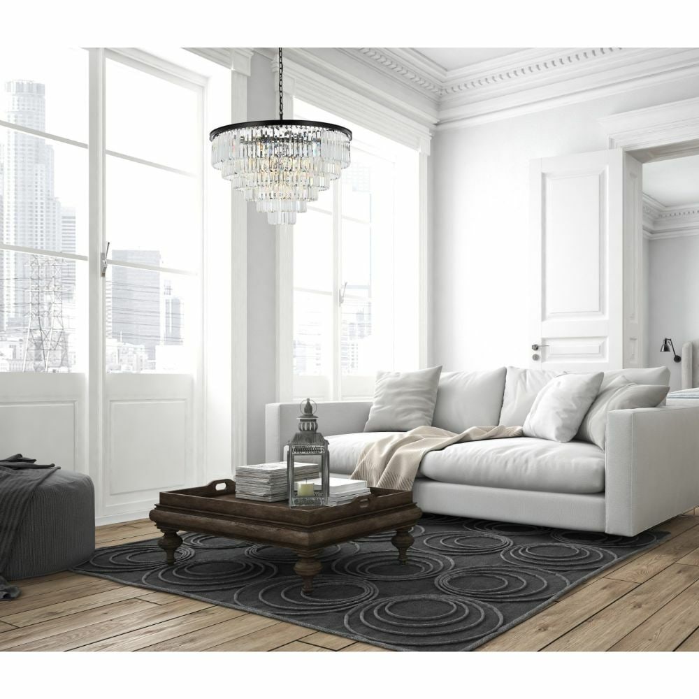 Sydney 33 Light Crystal Chandelier Matte Black 44 in: Sydney 33 Light Crystal Chandelier Matte Black 44 in Modern crystal chandelier with a matte black finish, featuring 33 lights and clear Royal Cut crystals. Designed for indoor use, it is hardwired, he