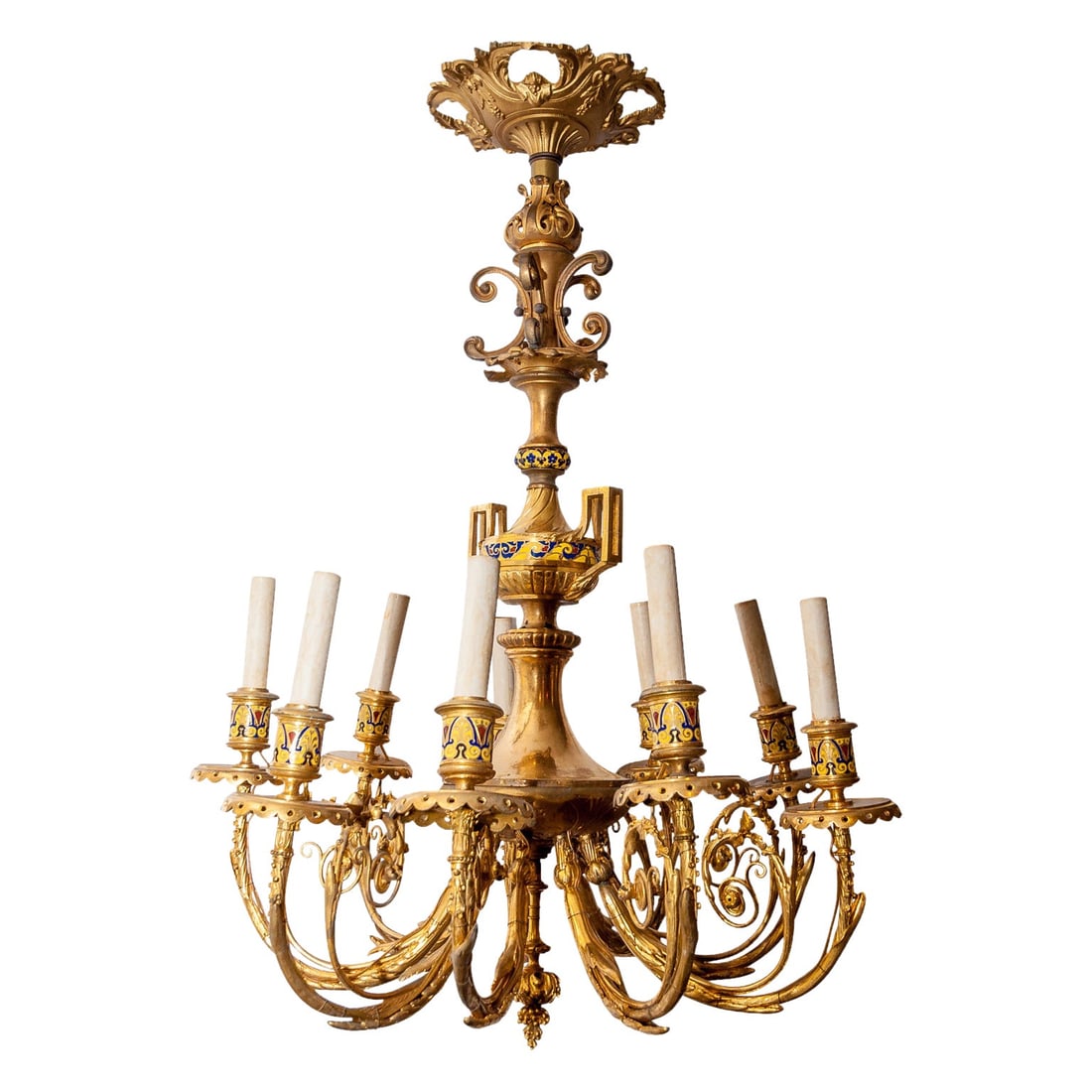 French Gilt Bronze Champleve Enamel Nine Light Chandelier Circa 1880: French Gilt Bronze Champleve Enamel Nine Light Chandelier Circa 1880 This 19th century French chandelier features exquisite champleve enameled designs in blue, red, and yellow on the stem and each of 