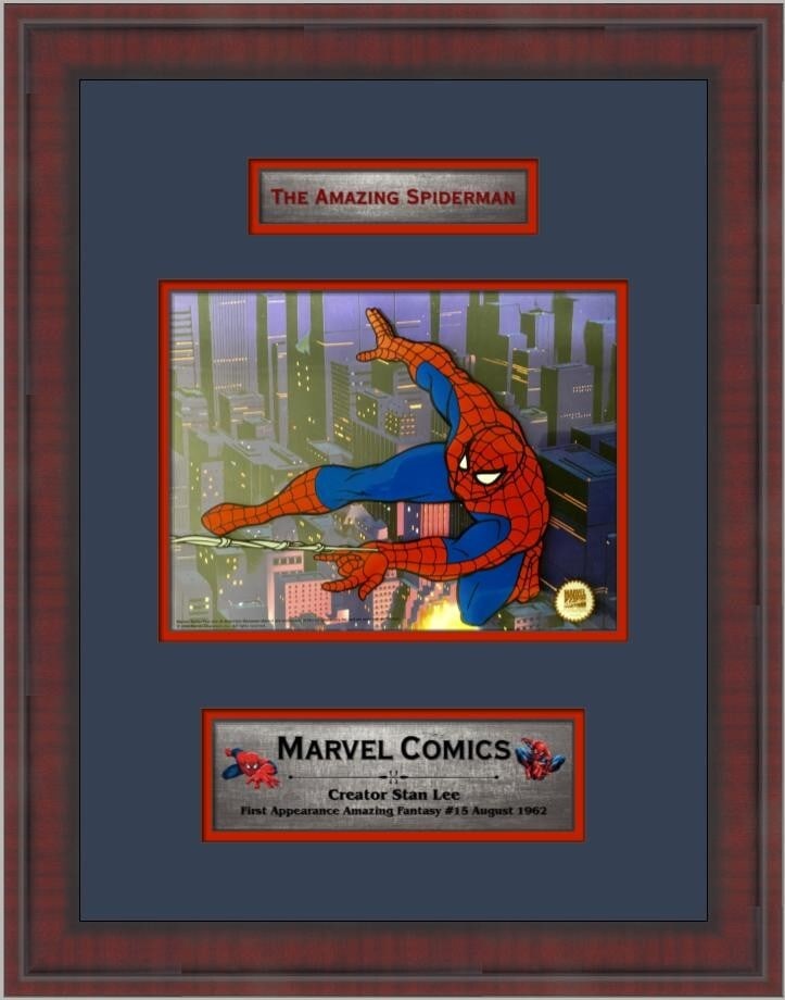 Marvel Spiderman 1994 Custom Framed Sericel by Stan Lee: Marvel Spiderman 1994 Custom Framed Sericel by Stan Lee Explore this captivating custom framed sericel featuring Spiderman, a beloved character from the Marvel franchise. This original production art,