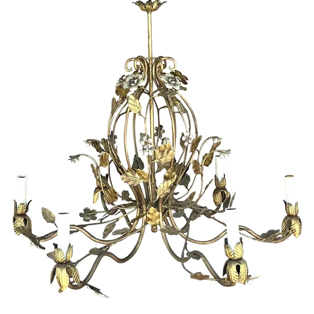 Vintage Regency Gilt Floral Chandelier 27in Metal Tole Enamel: Vintage Regency Gilt Floral Chandelier 27in Metal Tole Enamel Illuminate your home with the timeless elegance of this vintage Regency-style gilt floral chandelier. Crafted from metal with a rich gilt 