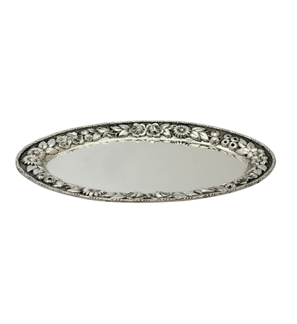 Handmade Floral Repousse Sterling Silver Oval Serving Tray (1 of 3)