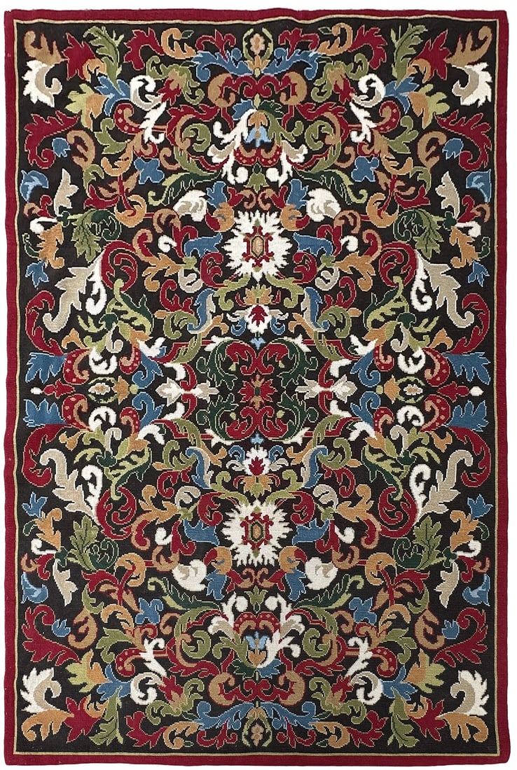 Antique English Wool Needlepoint Rug 4'5" x 6'5" Scrolling Floral (1 of 12)