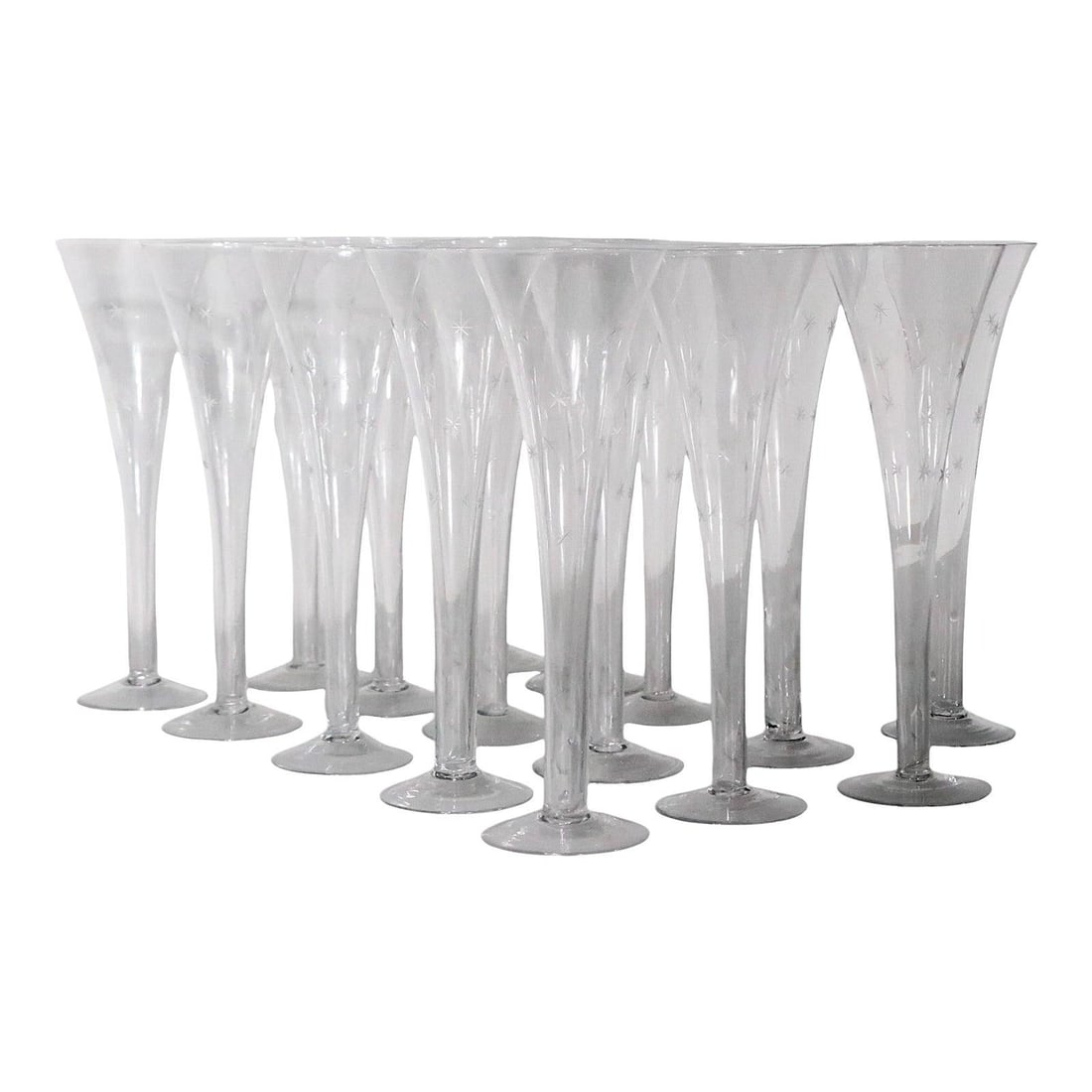 Set of 16 Etched Star Tall Champagne Flutes 10 Inch Glass: Set of 16 Etched Star Tall Champagne Flutes 10 Inch Glass Elevate your celebrations with this impressive set of 16 tall champagne flutes, each featuring exquisite etched star designs. Crafted from
