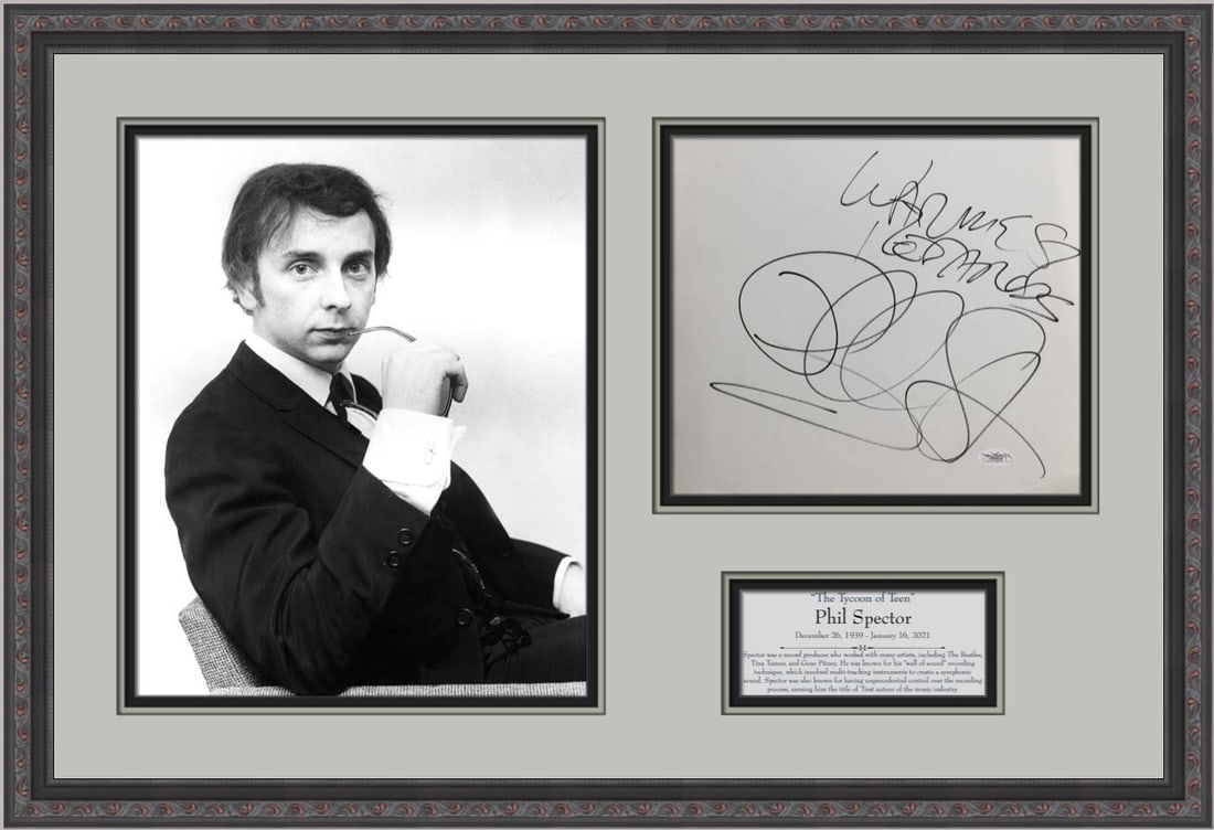 Phil Spector Signed Autograph Custom Framed JSA 20x26: Phil Spector Signed Autograph Custom Framed JSA 20x26 This stunning custom framed piece features a signed autograph of legendary record producer Phil Spector, authenticated by James Spence Authenticat