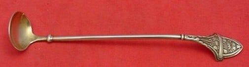 Gorham Ivy Sterling Silver Gold Washed Mustard Ladle 5 1/2": Gorham Ivy Sterling Silver Gold Washed Mustard Ladle 5 1/2" Sterling silver mustard ladle in the Ivy by Gorham pattern. The piece is gold washed, original, and measures 5 1/2 inches. It is monogrammed
