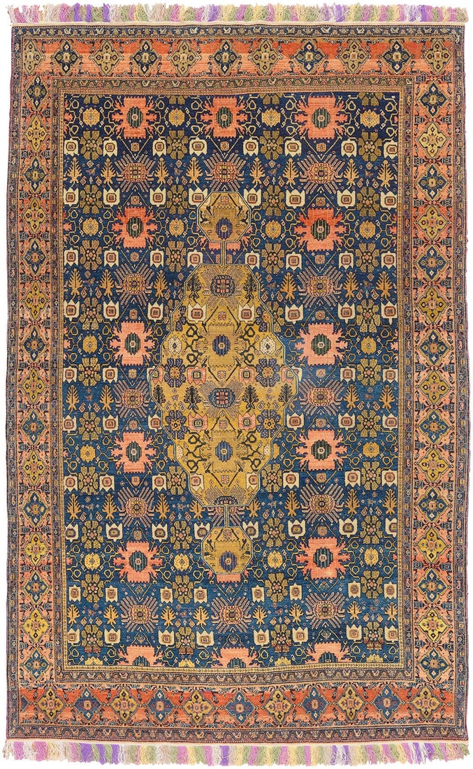 4' 5" x 6' 11" Early 20th Century Persian Senneh Accent Rug: 4' 5" x 6' 11" Early 20th Century Persian Senneh Accent Rug Finely woven early 20th century Persian Senneh rug with intricate multicolor patterning and a distinctive multicolored fringe. This pre-owne