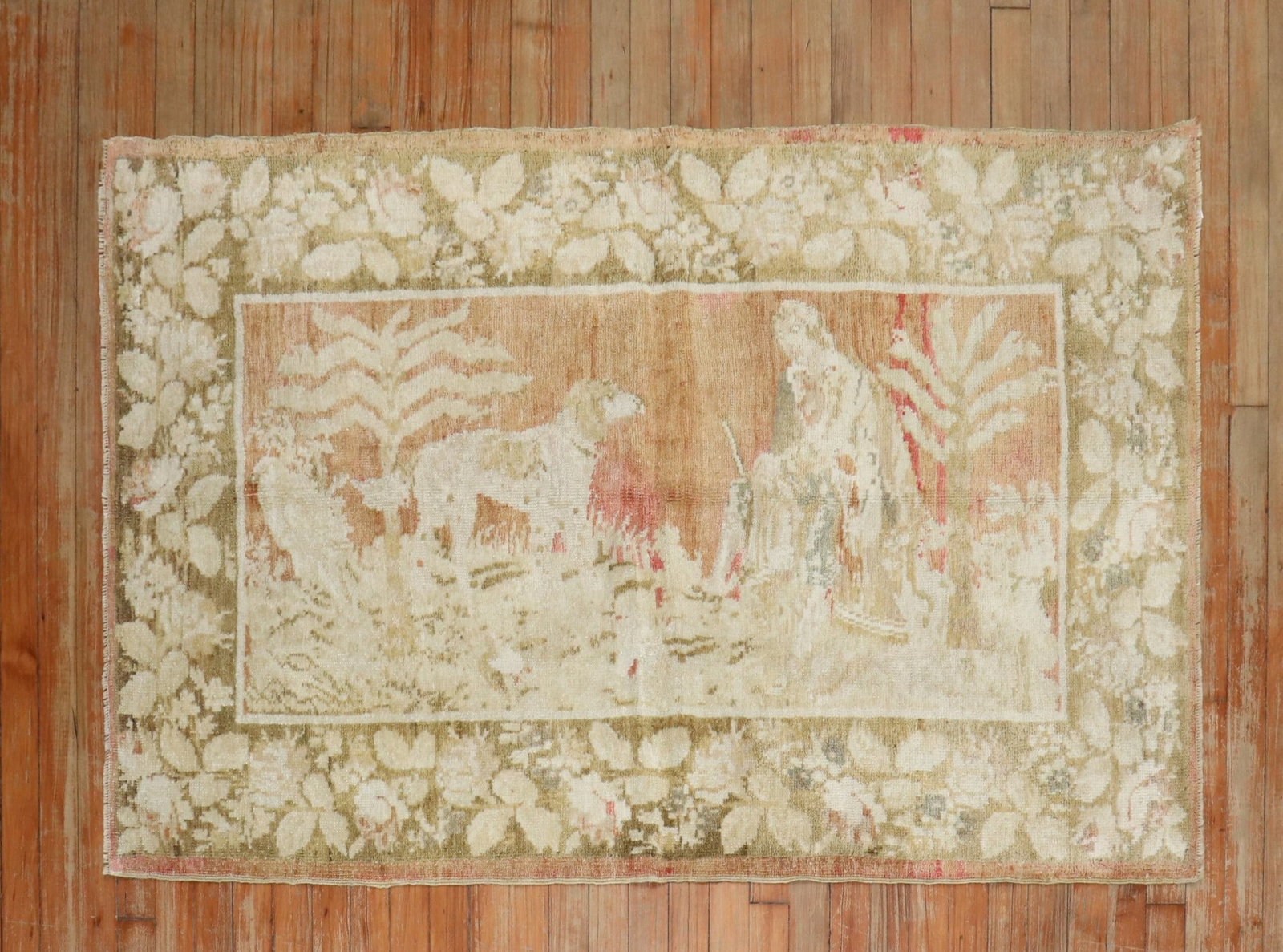 3' 4" x 5' 3" Mid 20th Century Karabagh Pictorial Rug: 3' 4" x 5' 3" Mid 20th Century Karabagh Pictorial Rug Muted mid 20th century pictorial Karabagh rug in a small format. This pre-owned rug features a pictorial design consistent with the provided detai