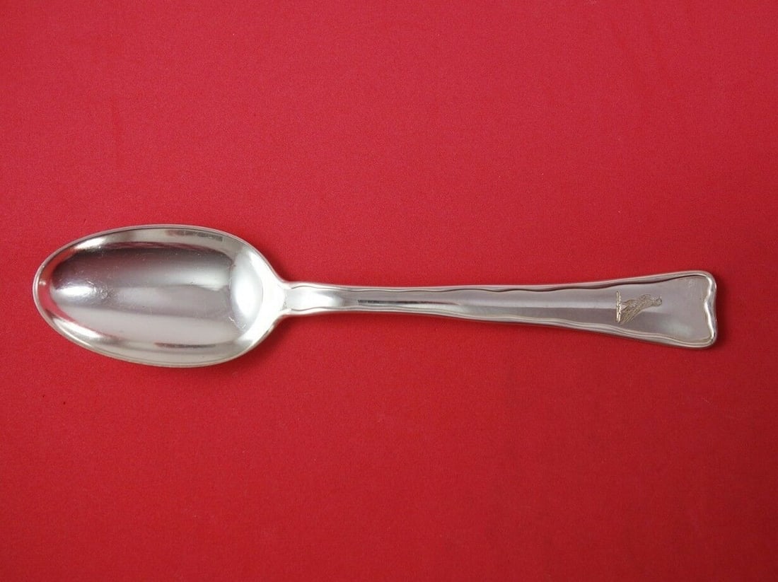 Tiffany & Co Sterling Silver Lap Over Edge Soup Spoon with Engraved Hawk 7 1/8": Tiffany & Co Sterling Silver Lap Over Edge Soup Spoon with Engraved Hawk 7 1/8" This exquisite sterling silver place soup spoon, crafted by Tiffany & Co., features the elegant Lap Over Edge pattern. D