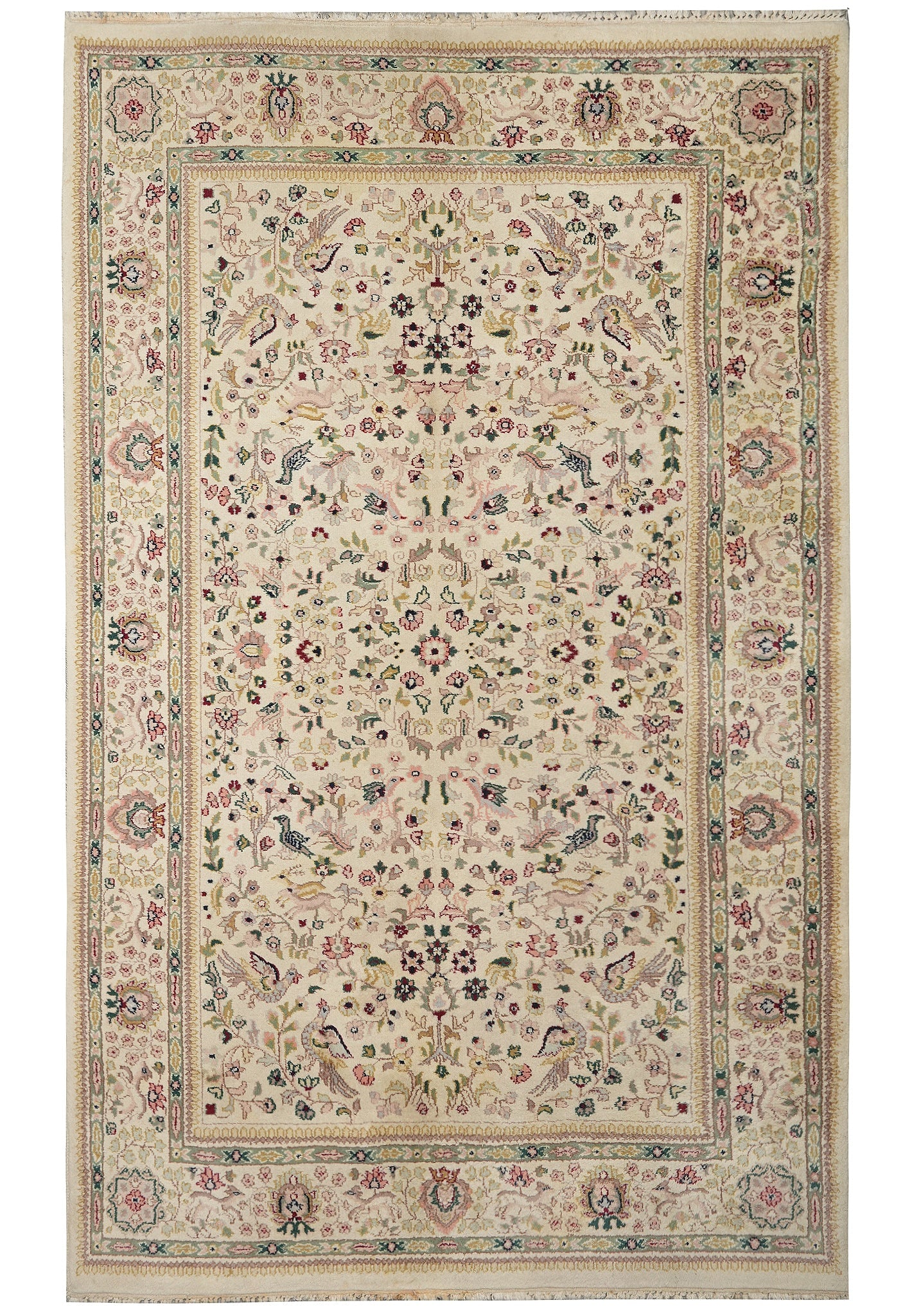 6 x 9 Paradise Hunting Rug Hand Knotted Tabriz Tabatab Tree of Life Wool: 6 x 9 Paradise Hunting Rug Hand Knotted Tabriz Tabatab Tree of Life Wool Free continental US Shipping Hand-knotted Indo Hunting rug with a Tabatabi Tabriz pattern and Tree of Life design. The field