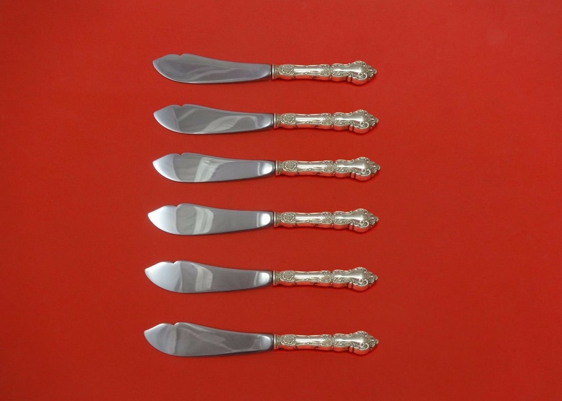 Wallace Meadow Rose Sterling Silver Trout Knife Set 6pc Custom 7.5": Wallace Meadow Rose Sterling Silver Trout Knife Set 6pc Custom 7.5" This exquisite 6-piece trout knife set features the elegant Meadow Rose pattern by Wallace. Crafted from sterling silver with hollow