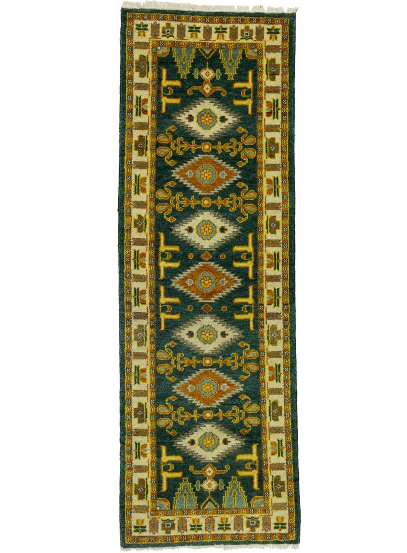 Hand-knotted wool tribal runner rug 2'8 x 8'1: Hand-knotted wool tribal runner rug 2'8 x 8'1 This hand-knotted runner rug features a dark blue, cream, brown, orange, and yellow geometric tribal pattern, ideal for adding a modern touch to hallways,