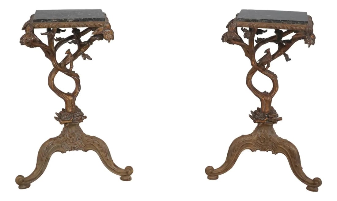 Set of Two Italian Grotto Style Marble Top Pedestals with Gold Finish (1 of 10)